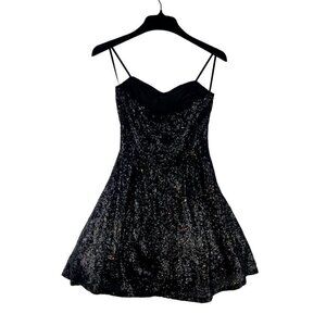 Black Sequin Sparkle Mini Cocktail Dress 7/8 Windsor Skater Spaghetti Straps